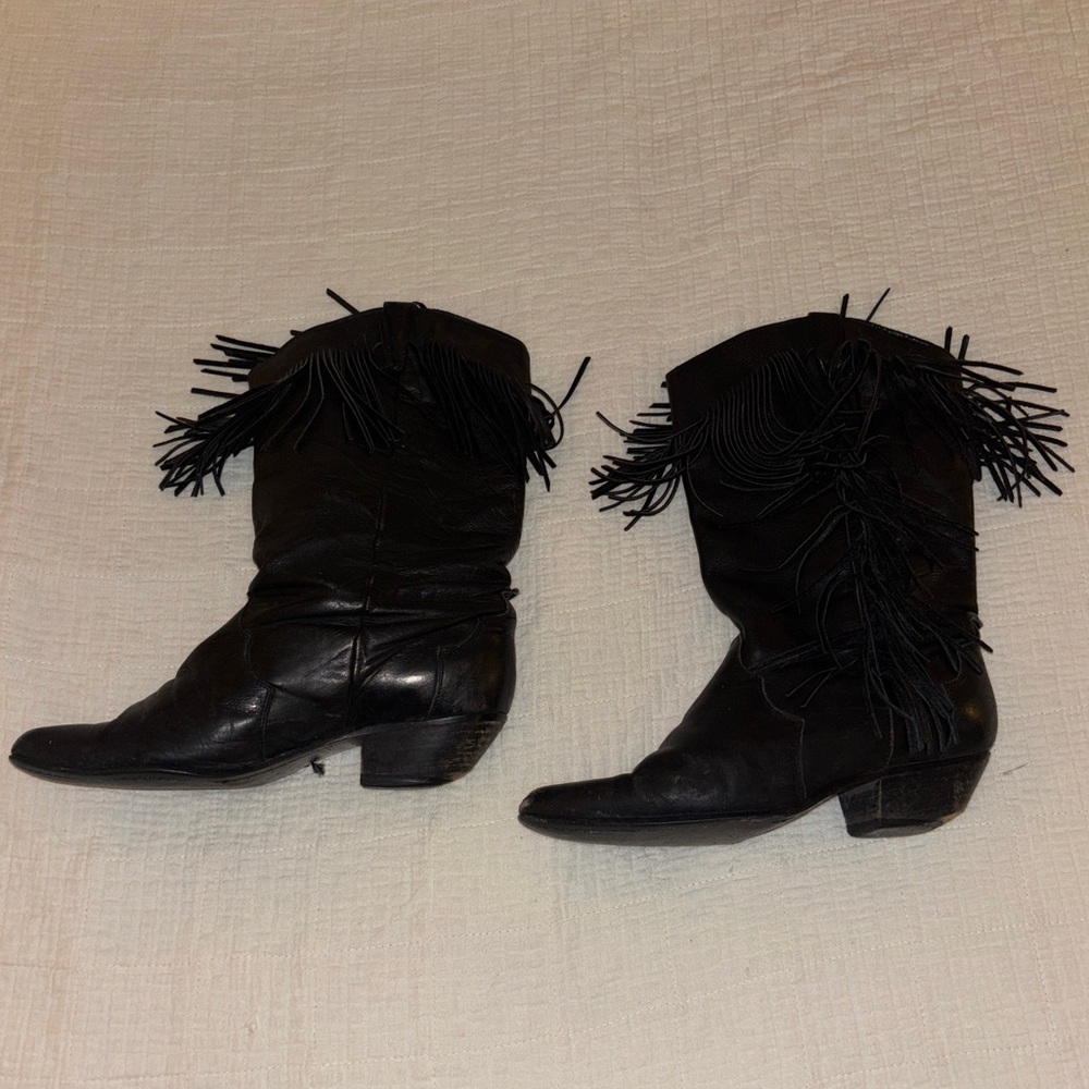Vintage 1980s Handmade Mexican Black Leather Fringe Womens Cowboy Boots. 7/7.5